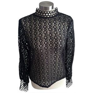 H&M Black Lace High Neck Top Size 14 Elegant Keyhole Back 🖤